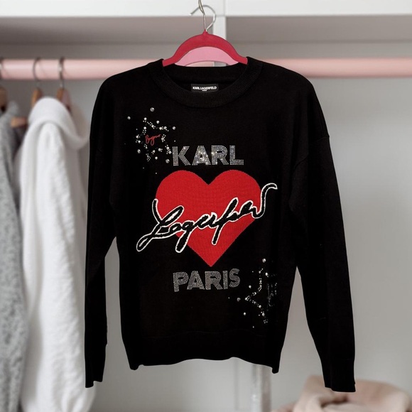 Karl Lagerfeld Sweaters - Karl Lagerfeld MWT Size M Classic Karl Black Red Heart Design Knit Top (0548)